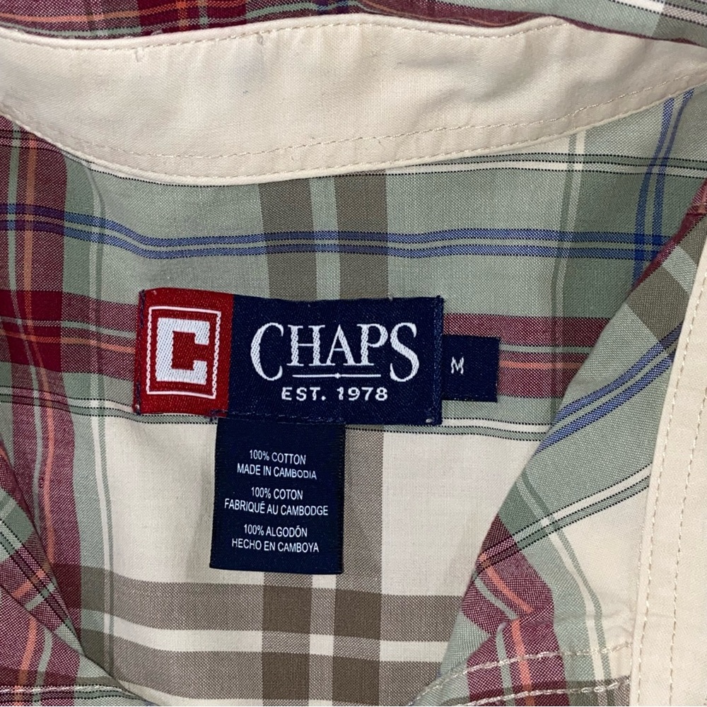 CHAPS Plaid Men’s Medium Button Down Shirt Cream Green Red Blue - Picture 9 of 11